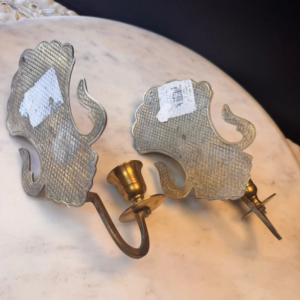 Pair Of Vintage Solid Brass Scalloped Shell Wall Sconce Candle Holders
